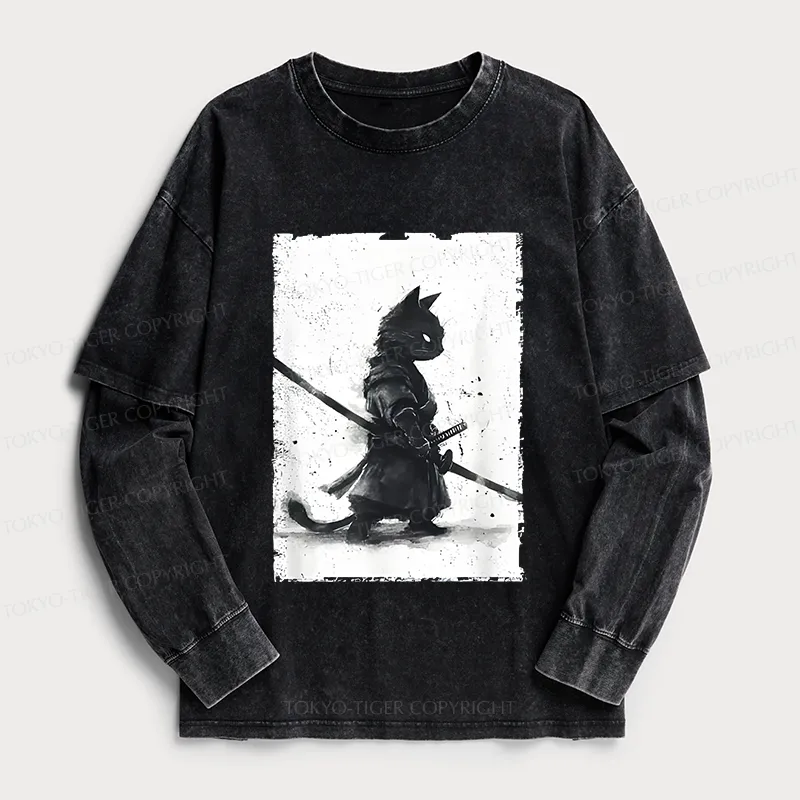 Tokyo-Tiger Retro Cat Samurai Japanese Washed Double Layer T-Shirt