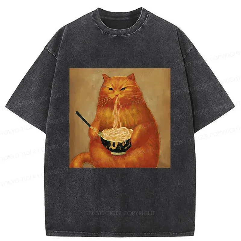 Tokyo-Tiger Cat Eating Ramen Japanese Retro Washed T-Shirt