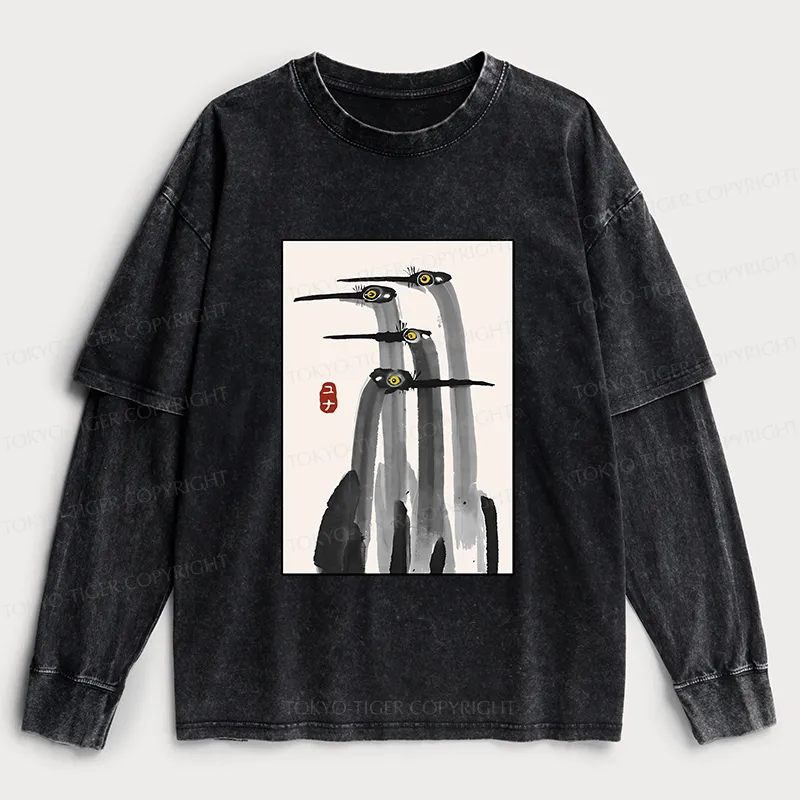 Tokyo-Tiger Japanese Crane Poster Washed Double Layer T-Shirt