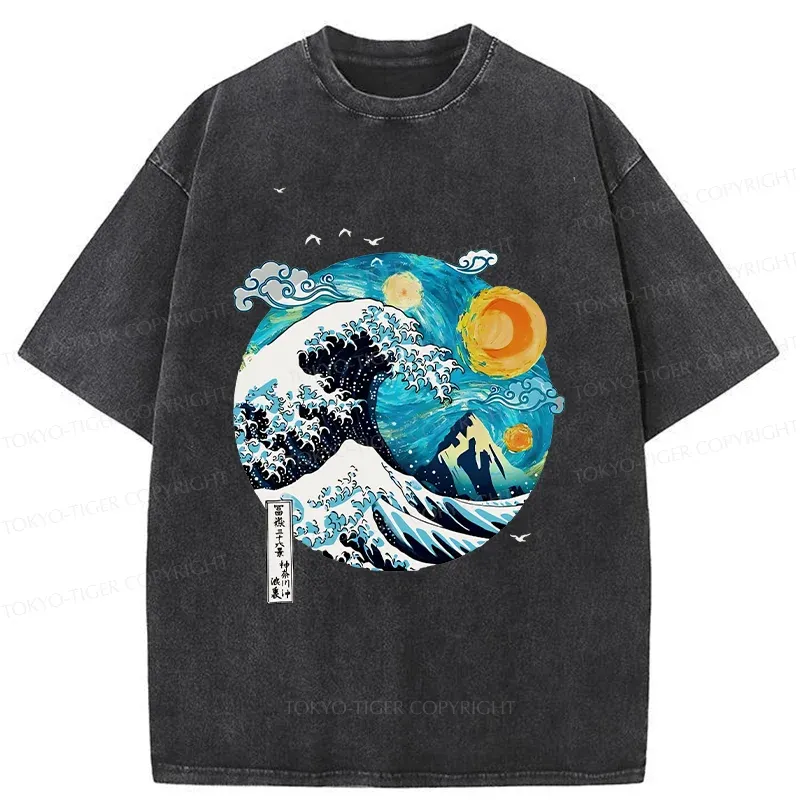 Tokyo-Tiger Waves Under The Starry Sky Washed T-Shirt