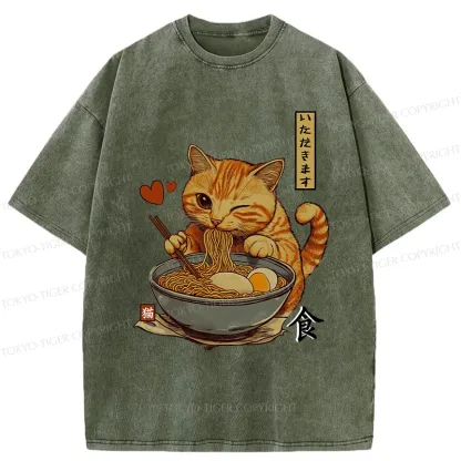 Tokyo-Tiger Cat Enjoying Eating Ramen Washed T-Shirt