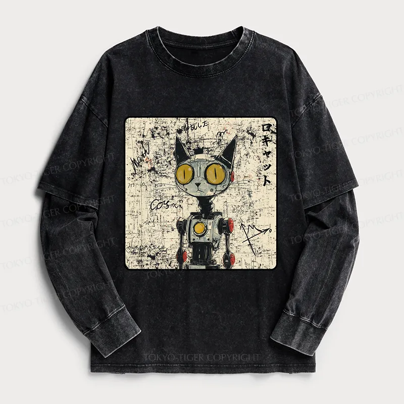 Tokyo-Tiger Robot Cat Washed Double Layer T-Shirt