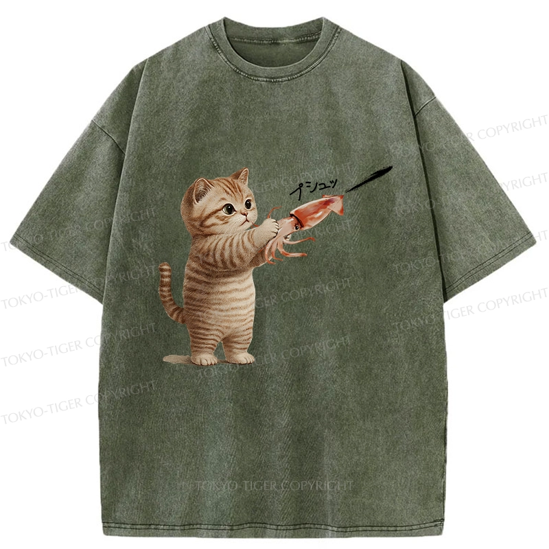 Tokyo-Tiger Funny Cat Shoots Squid Ink Washed T-Shirt