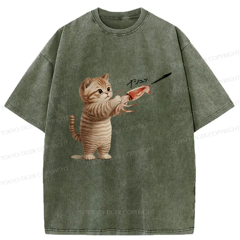 Tokyo-Tiger Funny Cat Shoots Squid Ink Washed T-Shirt