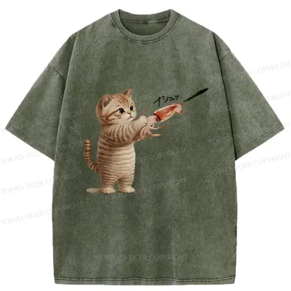 Tokyo-Tiger Funny Cat Shoots Squid Ink Washed T-Shirt