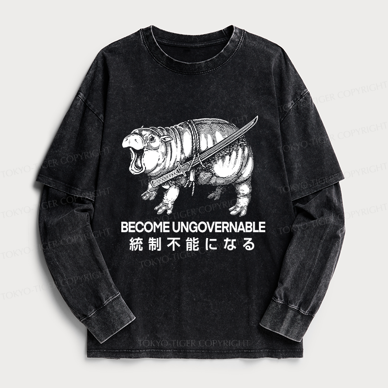 Tokyo-Tiger Moo Deng Carrying A Samurai Sword Washed Double Layer T-Shirt