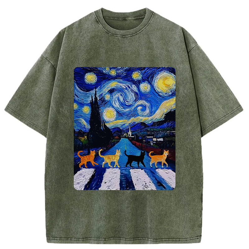 Tokyo-Tiger Starry Night Cat Washed T-Shirt
