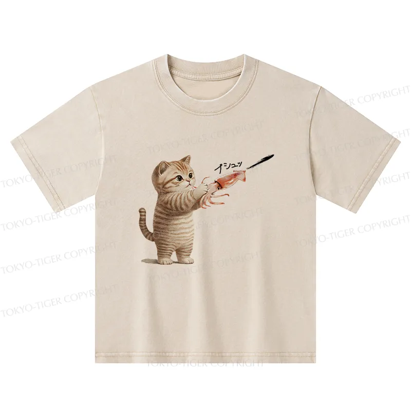 Tokyo-Tiger Funny Cat Shoots Squid Ink Washed T-Shirt