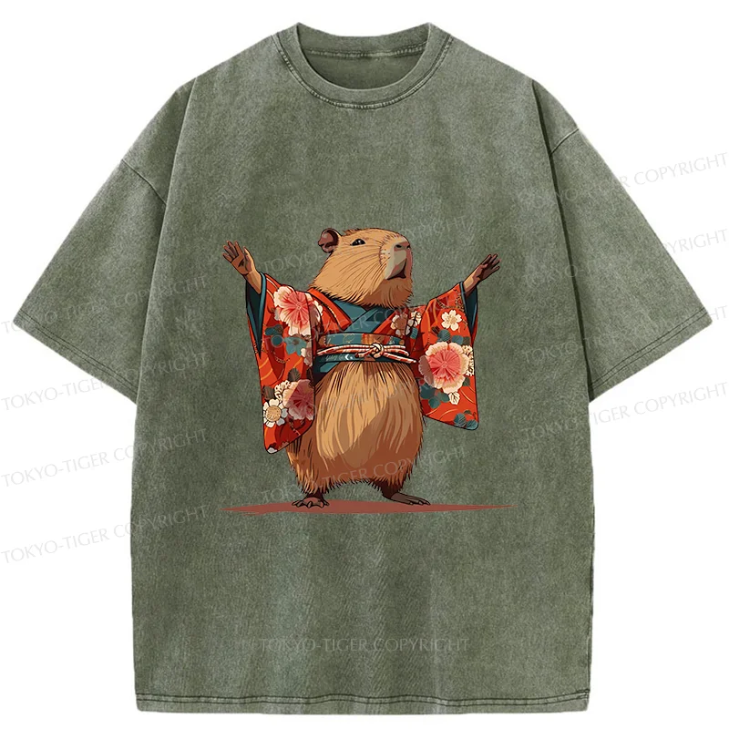 Tokyo-Tiger Capybara In Kimono Washed T-Shirt