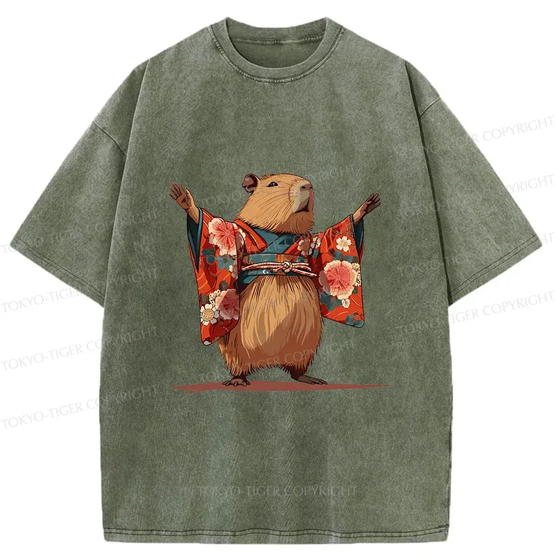 Tokyo-Tiger Capybara In Kimono Washed T-Shirt