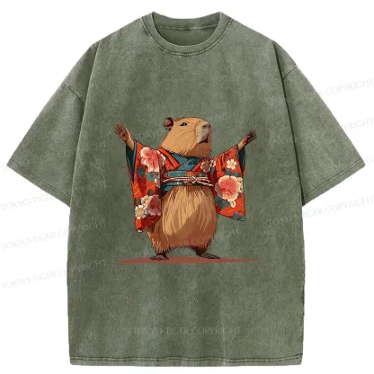 Tokyo-Tiger Capybara In Kimono Washed T-Shirt