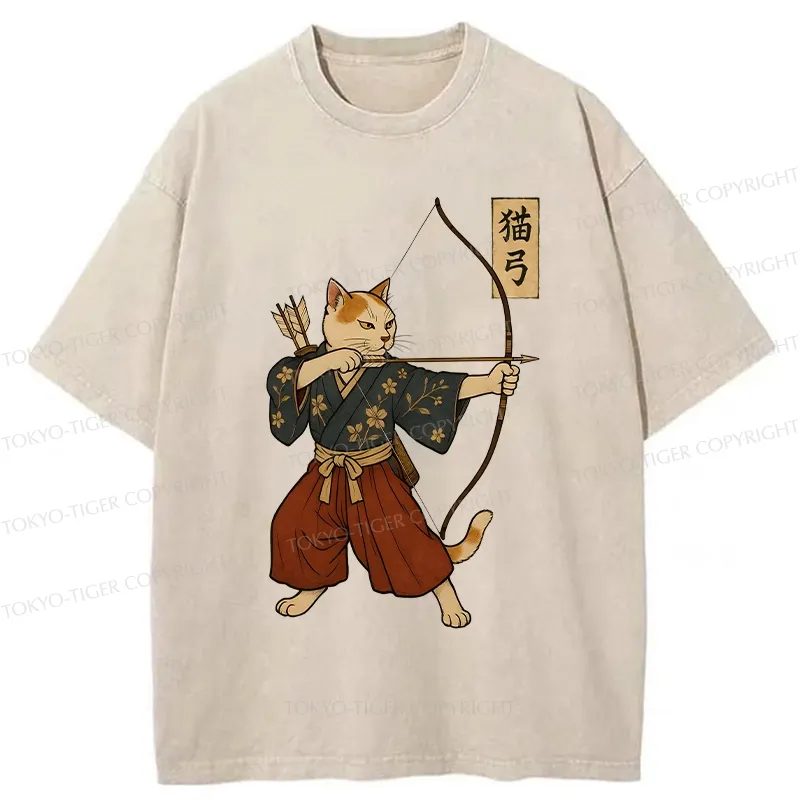 Tokyo-Tiger Japanese Cat Archery Washed T-Shirt