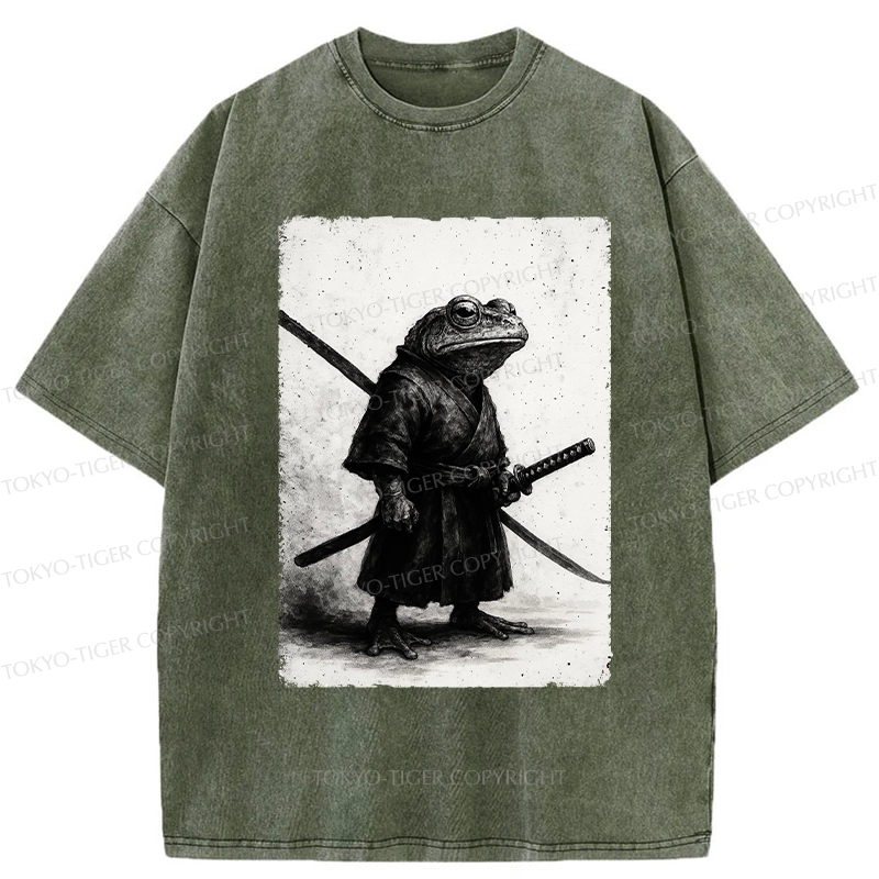 Tokyo-Tiger Retro Frog Samurai Japanese Washed T-Shirt