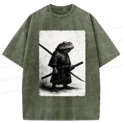 Tokyo-Tiger Retro Frog Samurai Japanese Washed T-Shirt