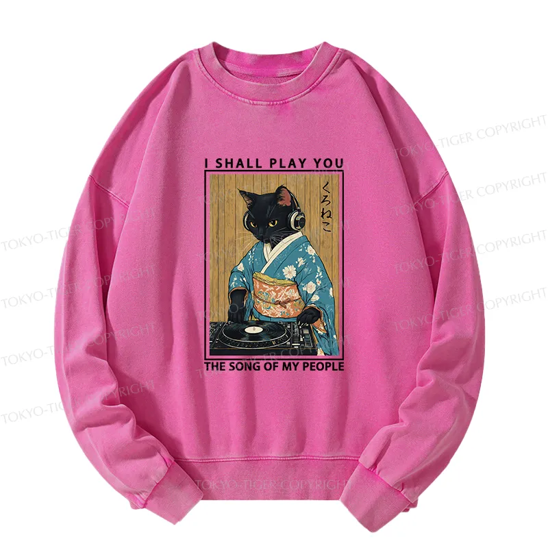 Tokyo-Tiger Funny Playing Music Black Cat Washed Sweatshirt