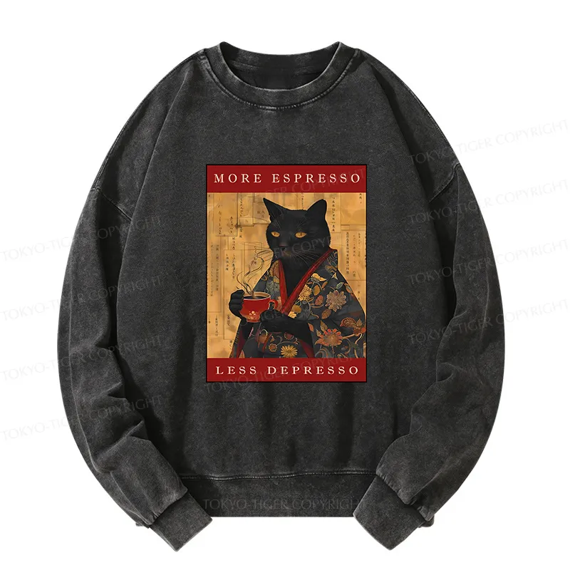 Tokyo-Tiger More Espresso Less Depresso Cat Washed Sweatshirt