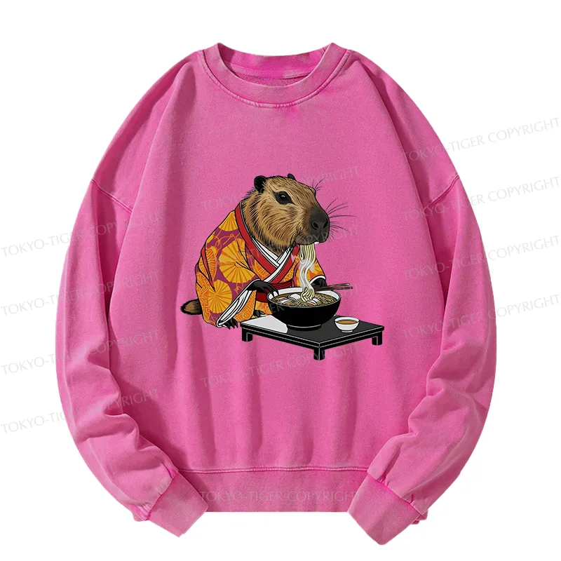 Tokyo-Tiger Cute Capybara Eating Ramen Washed Sweatshirt
