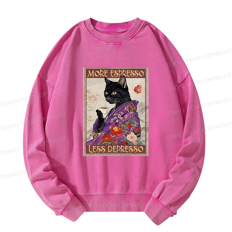 Tokyo-Tiger Japanese Cat Drinking Coffee Washed Sweatshirt