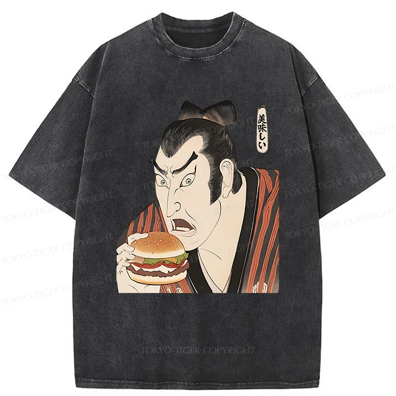 Tokyo-Tiger Japanese People Eating Hamburger Washed T-Shirt