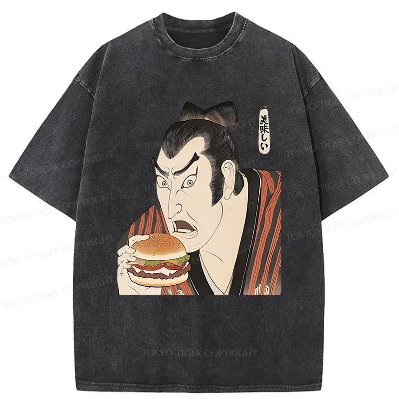 Tokyo-Tiger Japanese People Eating Hamburger Washed T-Shirt