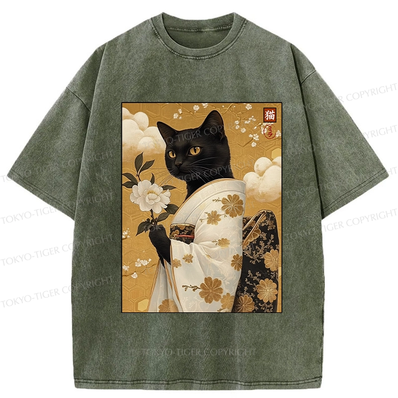 Tokyo-Tiger Retro Black Cat Holding A Flower Washed T-Shirt