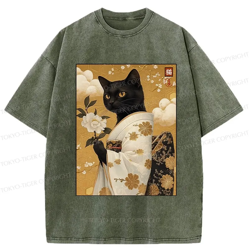Tokyo-Tiger Retro Black Cat Holding A Flower Washed T-Shirt