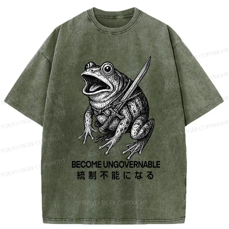 Tokyo-Tiger Frog Carrying A Samurai Sword Washed T-Shirt