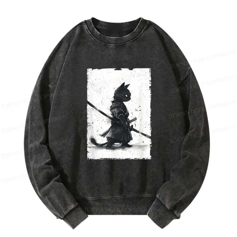 Tokyo-Tiger Retro Cat Samurai Japanese Washed Sweatshirt