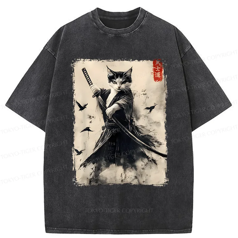 Tokyo-Tiger Retro Cat Samurai Poster Washed T-Shirt