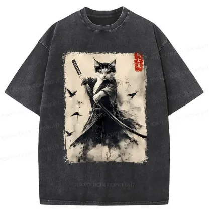 Tokyo-Tiger Retro Cat Samurai Poster Washed T-Shirt