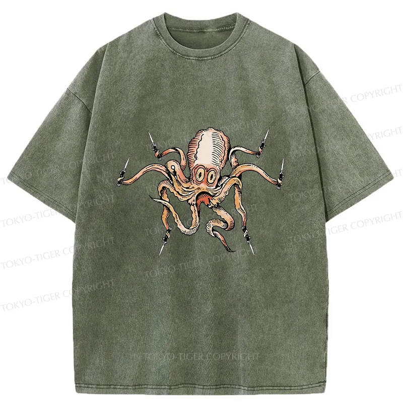 Tokyo-Tiger Octopus With Knife Washed T-Shirt
