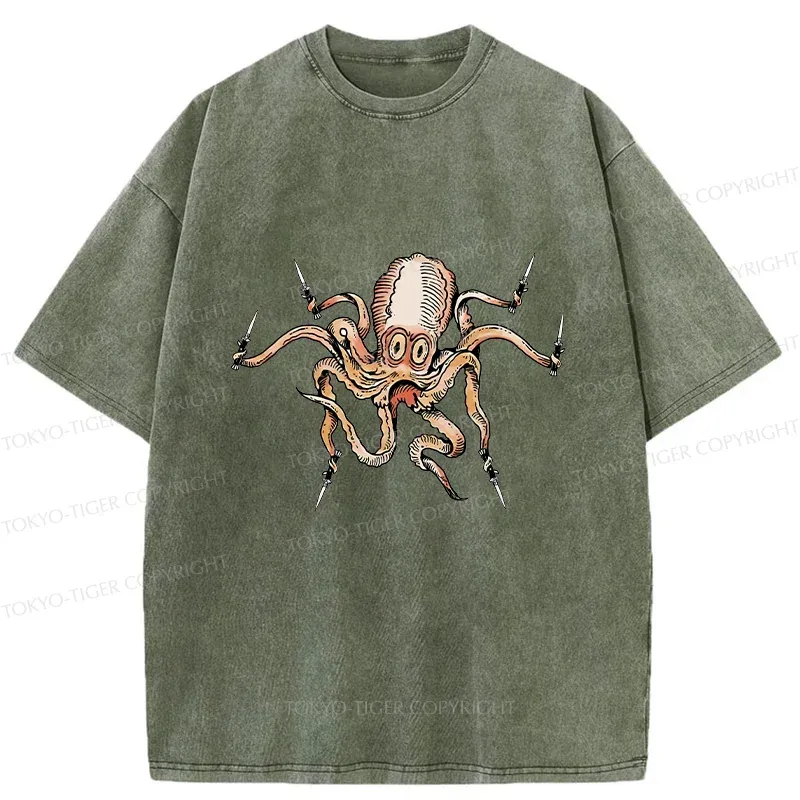 Tokyo-Tiger Octopus With Knife Washed T-Shirt
