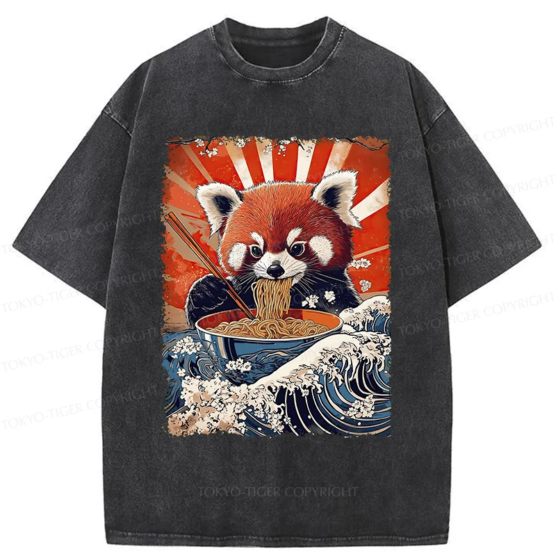 Tokyo-Tiger Red Panda Eating Ramen Washed T-Shirt