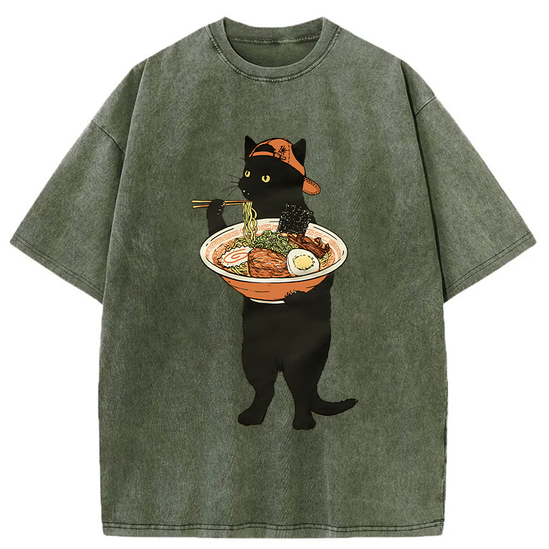 Tokyo-Tiger Ramen Enthusiast Cat Washed T-Shirt