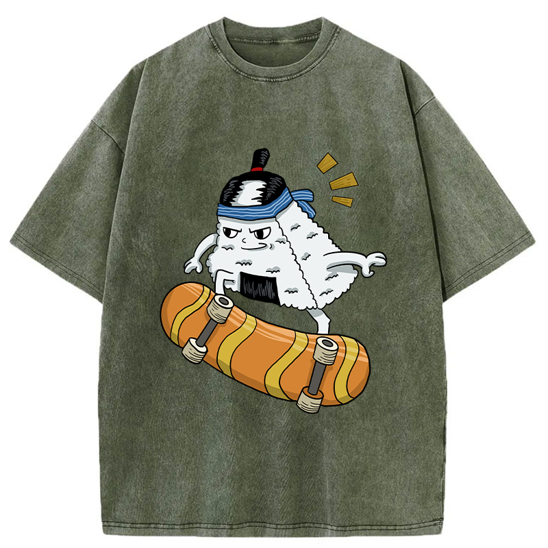 Tokyo-Tiger Skateboard Lover Rice Ball Washed T-Shirt