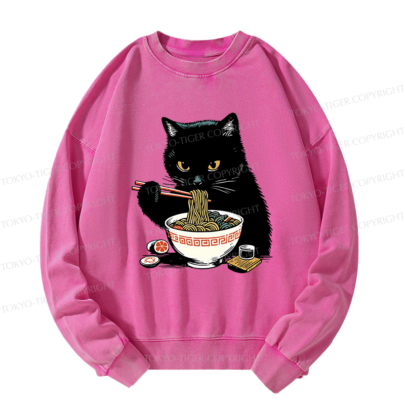 Tokyo-Tiger Cat Eating Favorite Ramen Washed Sweatshirt