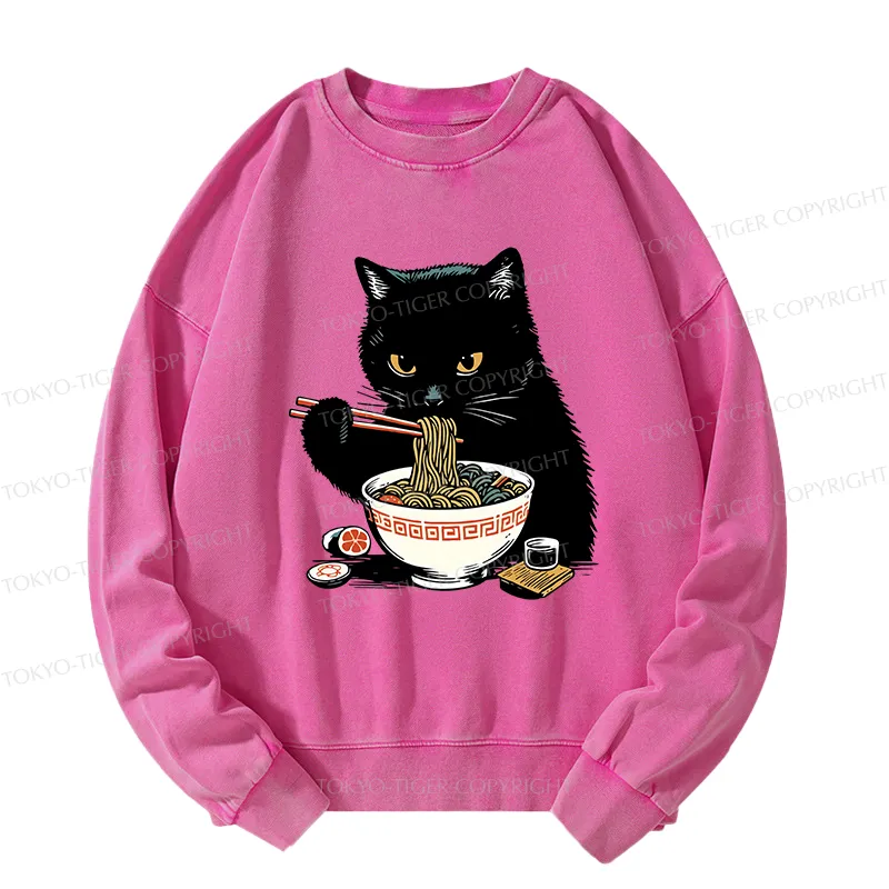 Tokyo-Tiger Cat Eating Favorite Ramen Washed Sweatshirt