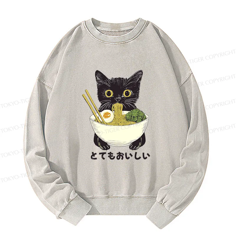 Tokyo-Tiger Ramen Lover Cute Cat Washed Sweatshirt