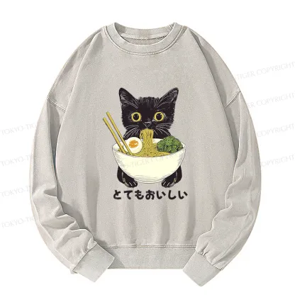 Tokyo-Tiger Ramen Lover Cute Cat Washed Sweatshirt