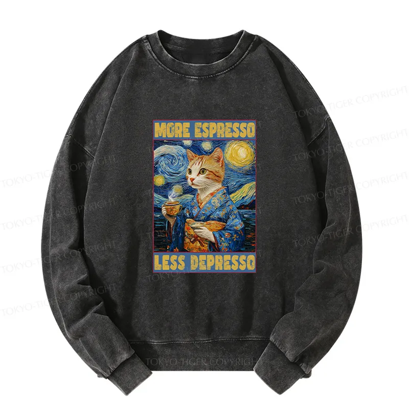Tokyo-Tiger Funny More Espresso Less Depresso Washed Sweatshirt