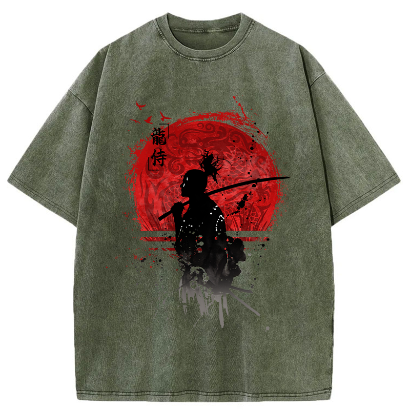 Tokyo-Tiger Japanese Blood Moon Samurai Washed T-Shirt