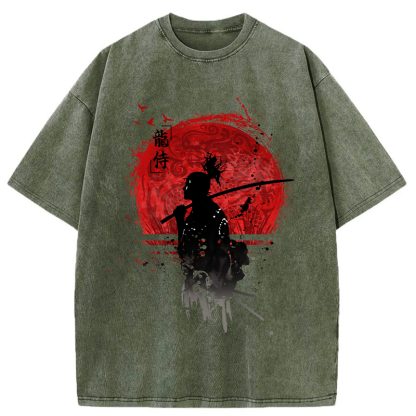 Tokyo-Tiger Japanese Blood Moon Samurai Washed T-Shirt