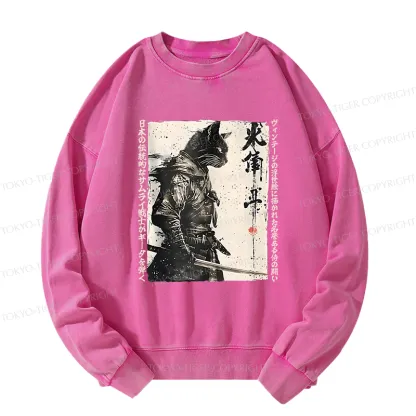 Tokyo-Tiger Cat Samurai Retro Washed Sweatshirt