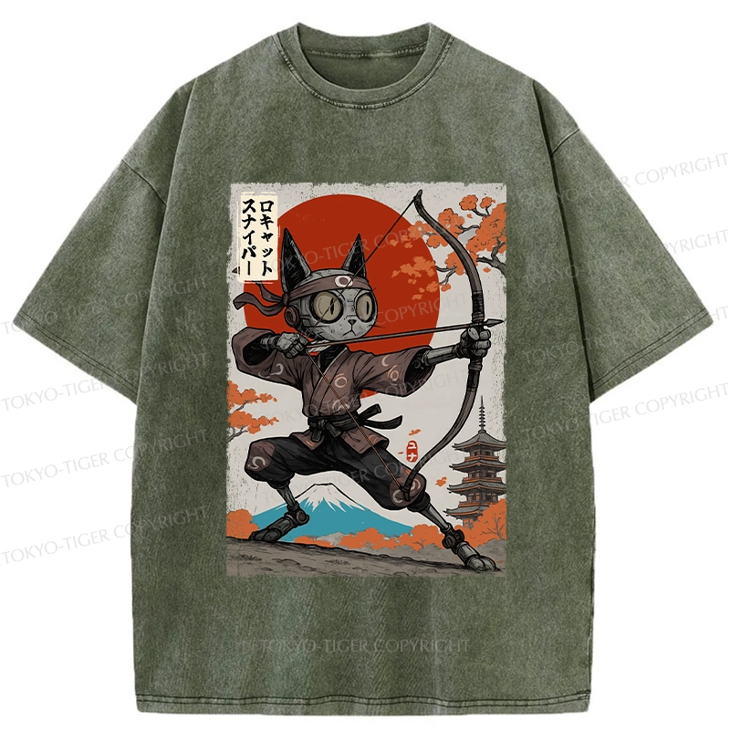 Tokyo-Tiger Japanese Robot Cat Archery Washed T-Shirt