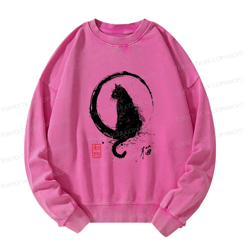 Tokyo-Tiger Retro Japanese Black Cat Washed Sweatshirt
