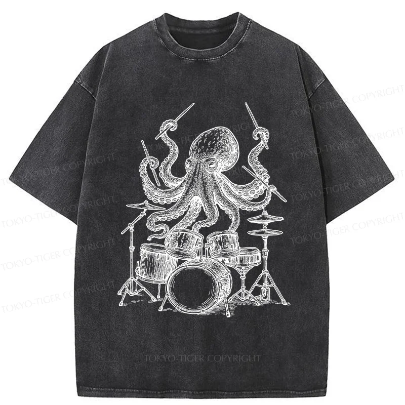 Tokyo-Tiger Octopus Drummer Washed T-Shirt