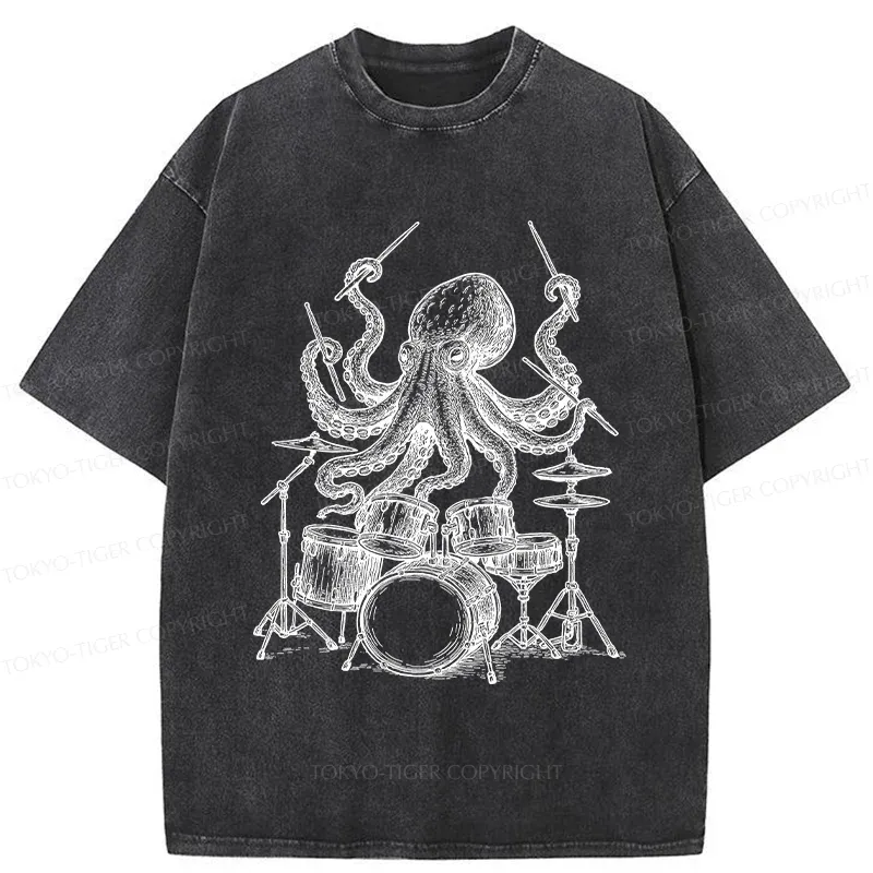 Tokyo-Tiger Octopus Drummer Washed T-Shirt