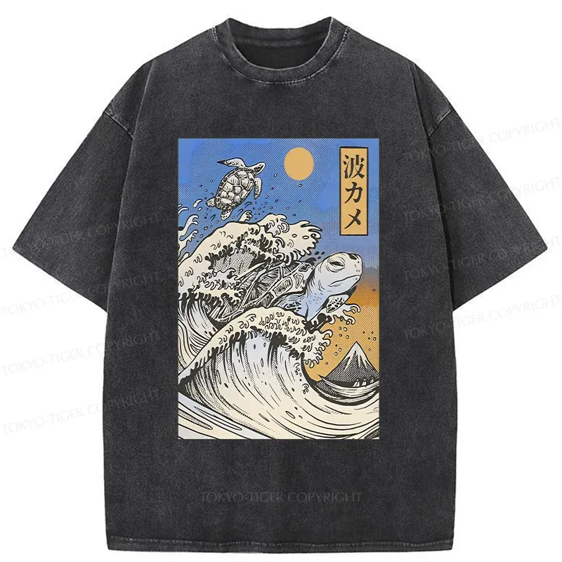 Tokyo-Tiger Surfing Turtle Washed T-Shirt