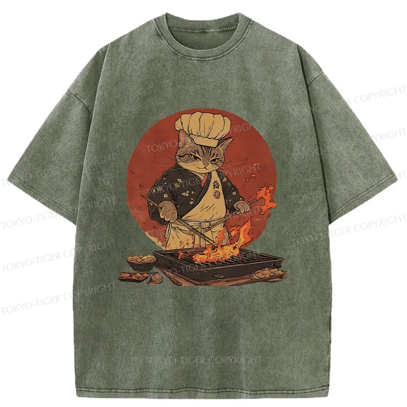 Tokyo-Tiger Cat Grill Chef Washed T-Shirt