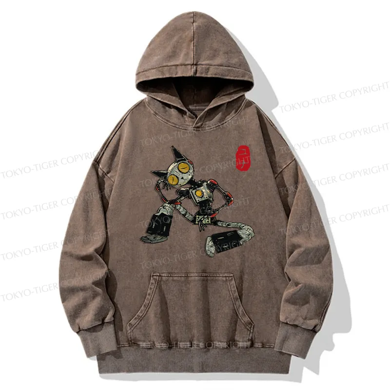 Tokyo-Tiger Contemplative Robot Cat Washed Hoodie